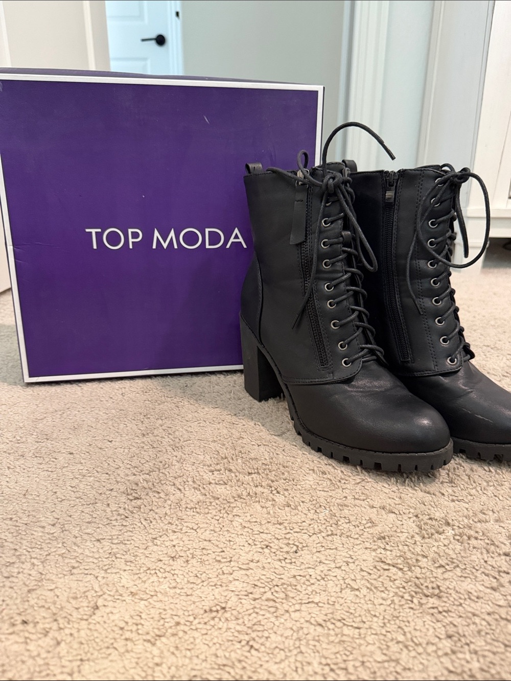 TOP Moda Black Lace-Up Block Heel Combat Boots